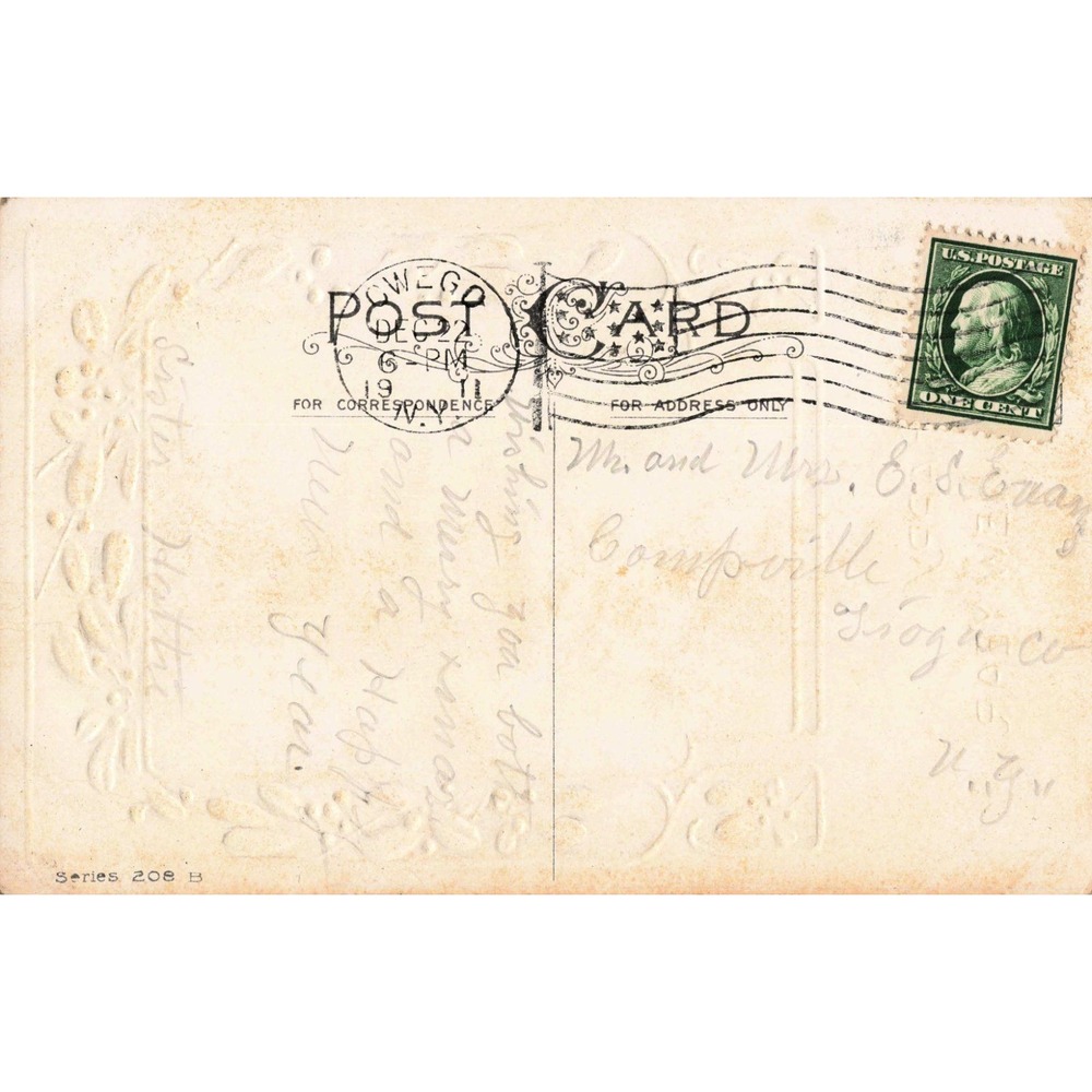 Vintage 1911 Happy New Year Postcard Embossed Water Mill Mistletoe 1c Stamp VG - Picture 2 of 2